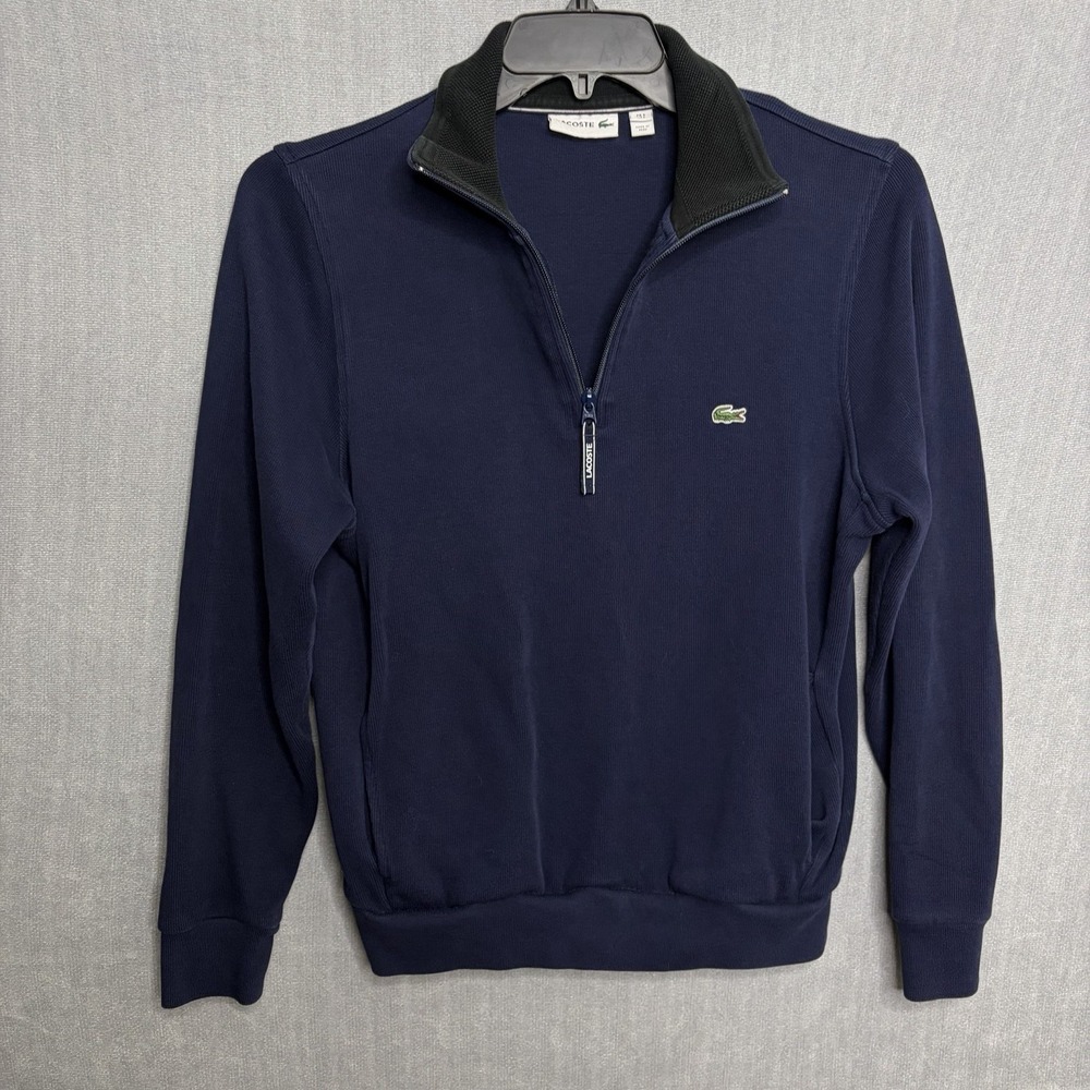 Lacoste Navy Blue Mens Quarter Zip Sweater US Large Preppy Gold Logo Ribbed